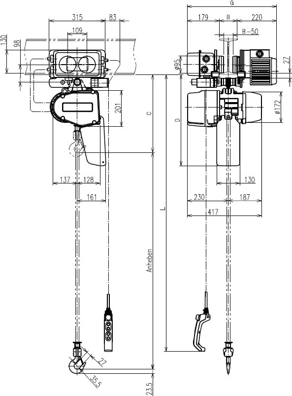 Abmaße des Kito Elektrokettenzug EQM005IS-IS 500kg