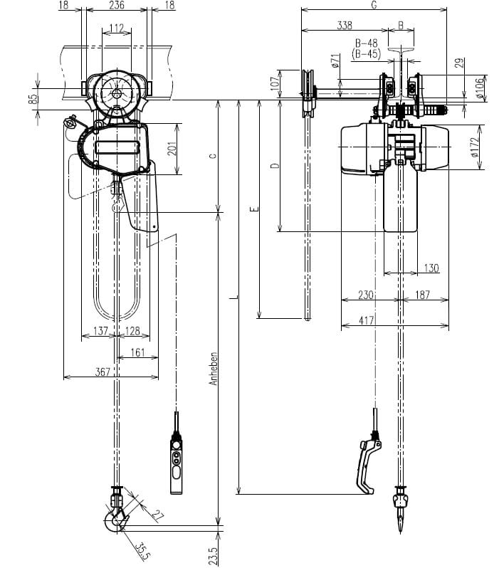 Abmaße des Kito Elektrokettenzug EQSG003IS 500kg