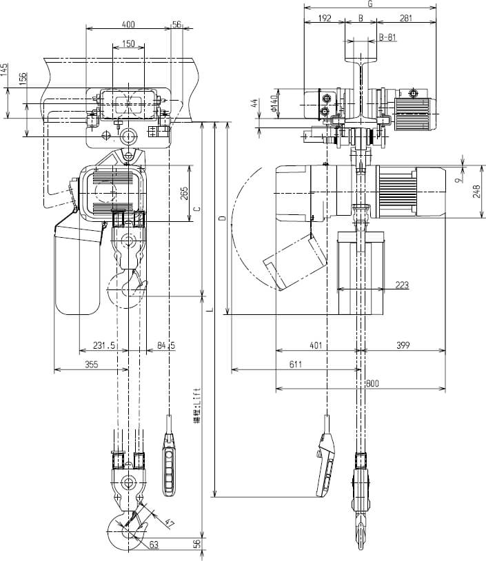 Abmaße des Kito Elektrokettenzug ER2M050IS-IS 5000kg