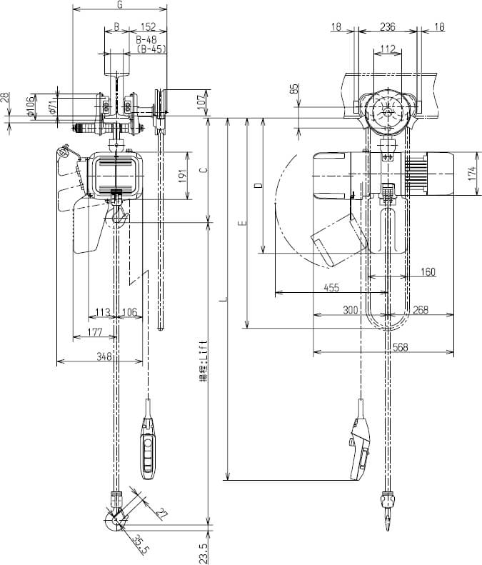 Abmaße des Kito Elektrokettenzug ER2SG005IS 500kg