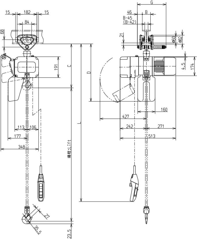 Abmaße des Kito Elektrokettenzug ER2SP005L 500kg