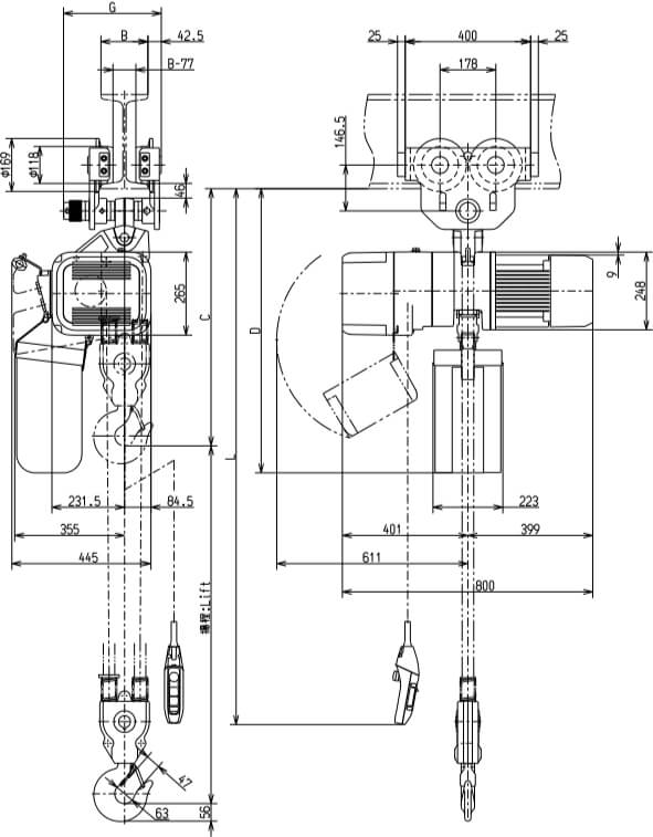 Abmaße des Kito Elektrokettenzug ER2SP050IS 5000kg