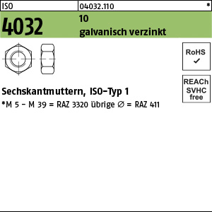 10.9 galv. verzinkt Sechskantmuttern ISO 4032 M4 x 10.9 Ansicht 2