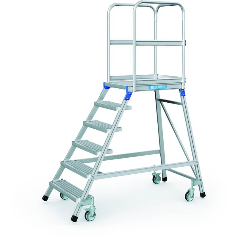 Zarges Podesttreppe, fahrbar, einseitig begehbar, mit Stahl-Gitterrost-Stufen und Plattform 